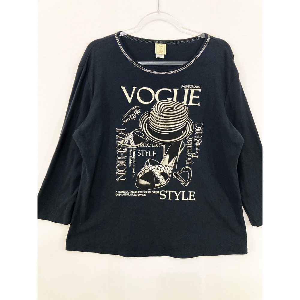 Vintage Jess & Jane Vogue Graphic Top XL Black Rhinestone Cotton Long Sleeve